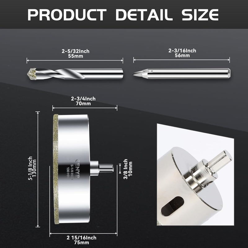 cenyb 5-1/8inch | 130mm Diamond Hole Saw with Center Drill bit and Diamond-Coated Center Drill bit for Ceramic Glass Marble Fiberglass Granite and Porcelain Tiles by - Image 2
